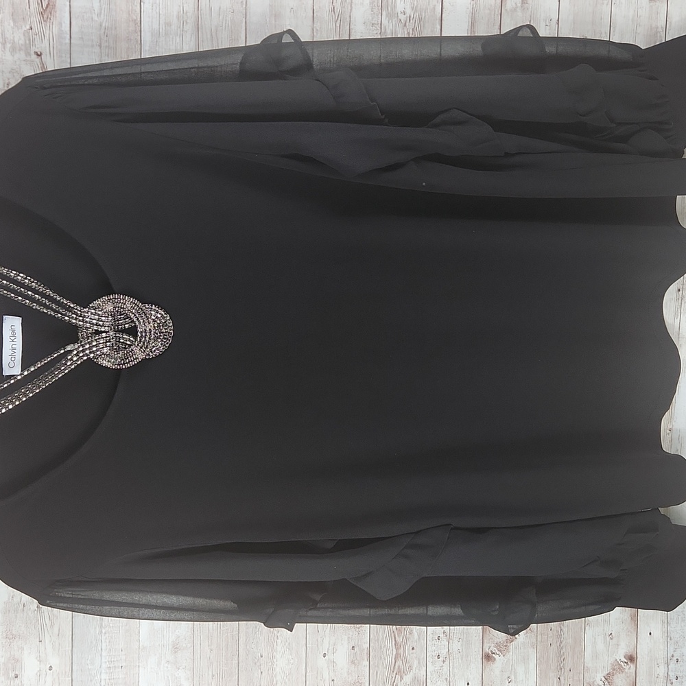 Calvin Klein, Women's Black Tunic Top With Sheer Ballon Long Sleeves and Cuffs. - Picture 2 of 11